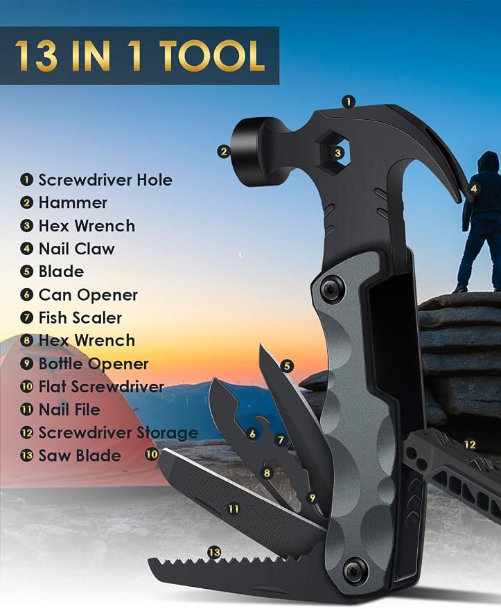 Stocking Stuffers for Men Gifts,Multi Tool Hammer Multitool for Camping | White Elephant Gifts Camping Accessories, Christmas Cool Gifts Ideas for 13-in-1 Tools, Survival Gadgets for Dad Husband