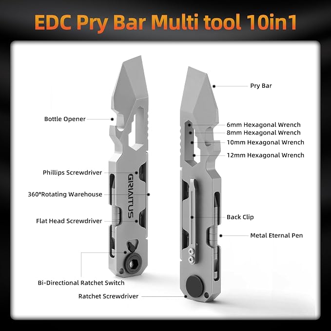 EDC Pry Bar Multitool with Bi-Directional Ratchet Screwdriver, Men Gifts | Everlasting Pen, Wrenches, Crowbar, Bottle and Box Opener Your Versatile Companion for Everyday Carry and Camping Accessories