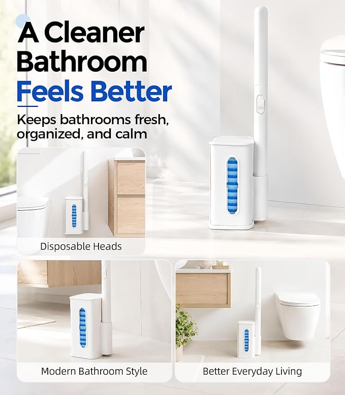 Disposable Toilet Brush and Holder Set with 48 Refills, Complete Toilet Bowl Cleaners System with Long Handle, Disposable Scrubber Heads & Storage Caddy for Bathroom Cleaning & Hard Water Stains