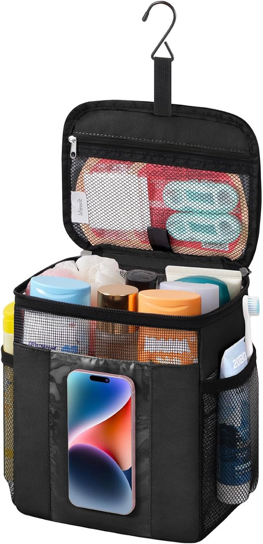 Lifewit Mesh Shower Caddy Bag Portable, Quick Dry Hanging Bathroom Organizer with PVC Phone Bag, College Dorm Room Essentials for Travel, Gym, Camping, Toiletry Tote for Women Men, Medium, Black