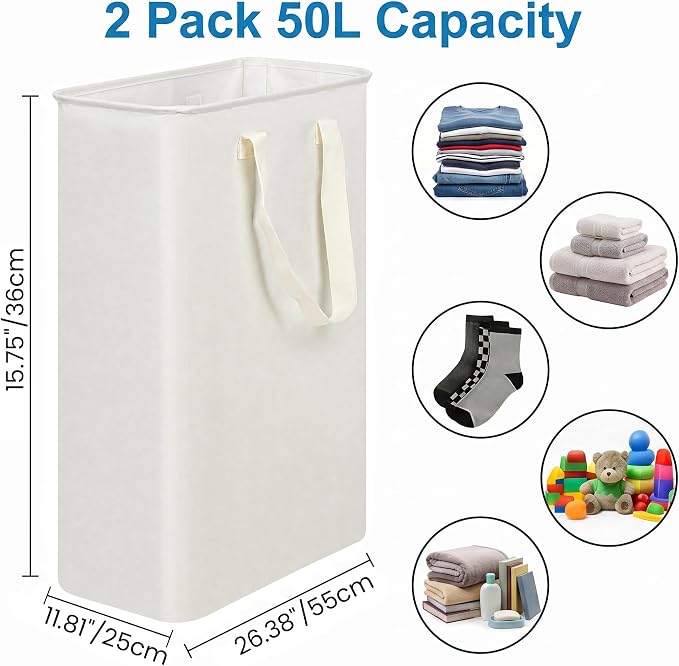 efluky 2 Pack Slim Laundry Basket, Narrow Laundry Hamper with Handles, Collapsible Dirty Clothes Hamper, Tall Laundry Bin for Laundry Room, Dorm and Bedroom, 50L Beige