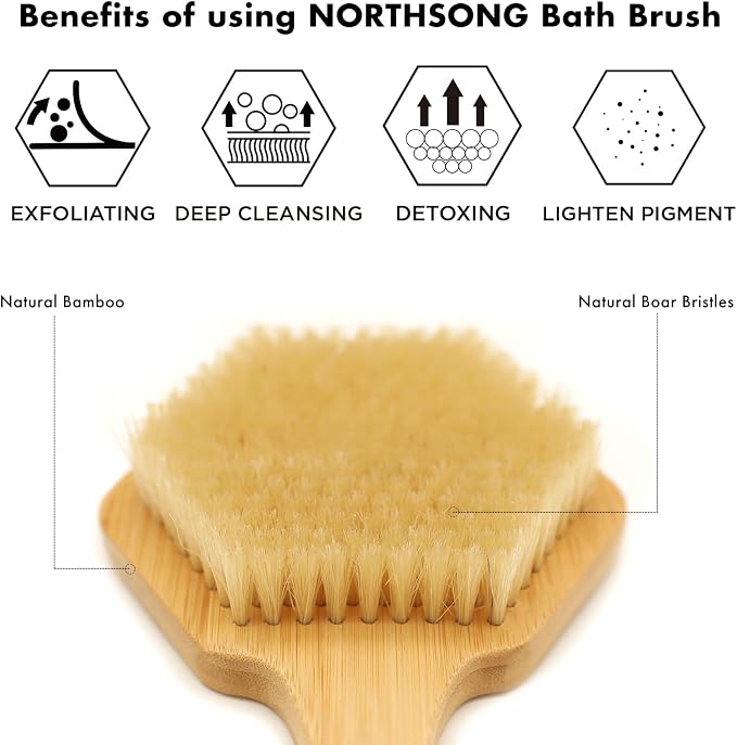 NORTHSONG Body Brush+Face Brush,Deep Cleaning Exfoliating Set,Gift Ready | Body brush,Large Head Bath Brush,17.72"Extra-Long,Curved Bamboo Handle,100% Boar Bristles,ideal for Elderly,Shoulder Pain