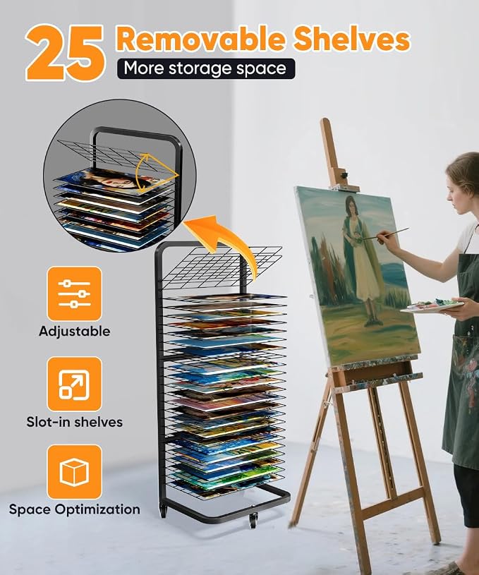Art Drying Rack with 25 Removable Shelves, Mobile Metal Paint Drying Stand with Lockable Wheels, Functional Canvas Rack Art Storage for Artwork in Classrooms, Art Studios and Schools, Black