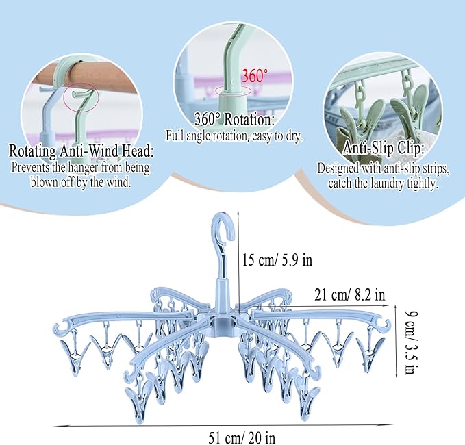 Clothes Drying Hanger with 24 Clips, Foldable Hanging Rack 2 Pack | for Drying Socks Lingerie Baby Clothes Drying Towels Rotatable Sock Drying Rack with 24 Pegs Clips(blue)