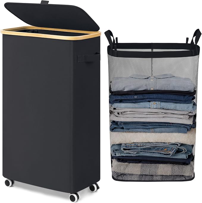 Goodpick 75L Slim Rolling Laundry Hamper with Bamboo Frame, Black | 17 × 9.8 × 29.5 in, Lid Design, Removable Laundry Bag, Bedroom, Bathroom & Home Decor, Clothes & Bedding Storage