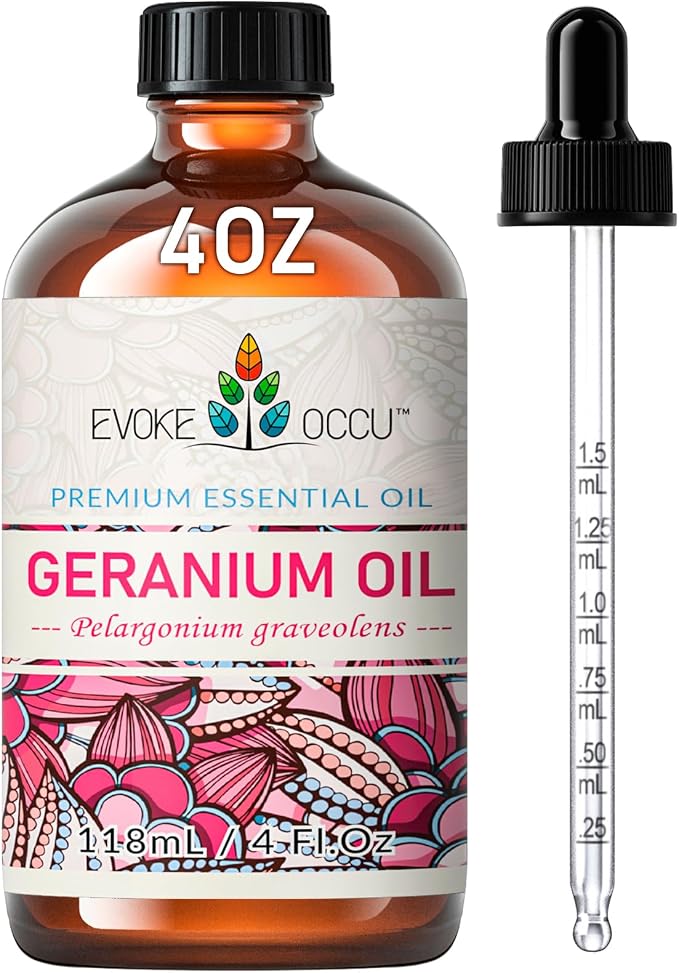 EVOKE OCCU Geranium Essential Oil for Skin & Aromatherapy | Relaxing Scent for Hair Scalp Care, Diffuser, Massage, DIY Soap Candle & Home Cleaning - 118ml / 4 fl oz