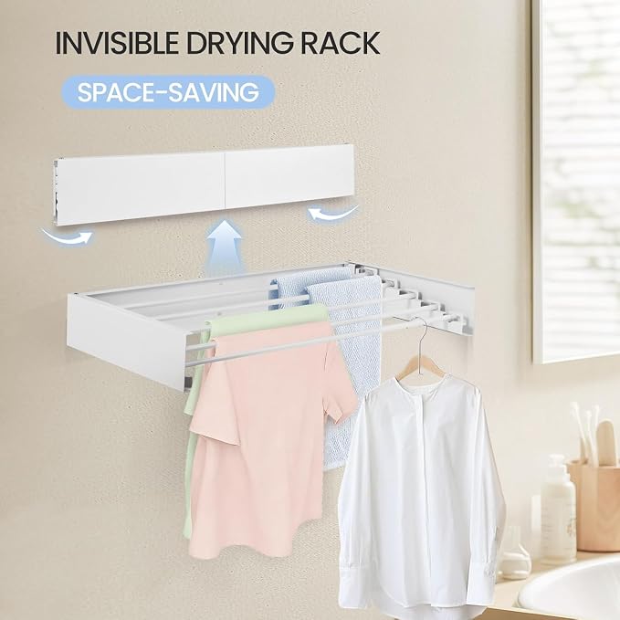 Wall Mounted Laundry Drying Rack, Carbon Steel Foldable & Retractable Clothes Drying Rack, Space Saving Adjustable Towel Holder for Bathroom, Laundry, Small Spaces (1, White, 50cm)