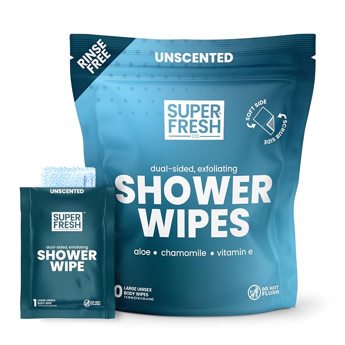 Super Fresh Shower Body Wipes, Travel Essentials for Camping, Large Unscented for Adults, Women, Men, Kids Personal Hygiene Cloth Enriched with Aloe and Vitamin E, Individually Wrapped 10 Pack