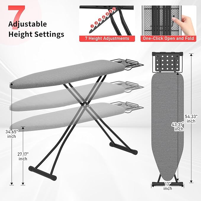 DIAMONDFORGE Ironing Board with Porous Iron Rest, 7 Adjustable Heights, 43" x 13", 3-Layer Heat-Resistant Cover & Pad for Home Laundry, Gray