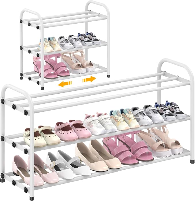 Hleelomi 3-Tier Expandable Shoe Rack for Entryway，Adjustable Metal Shoe Organizer for Closet,Living Room,Dorm, White