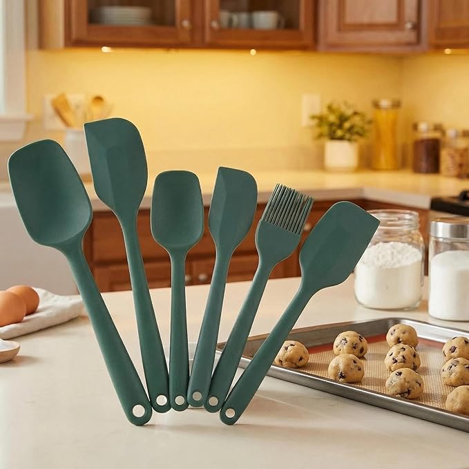 6-Piece Silicone Spatula Set, Non-Stick & Stainless Steel Core, BPA-Free, Dishwasher Safe Kitchen Utensils for Baking, Cooking, Mixing (Green)