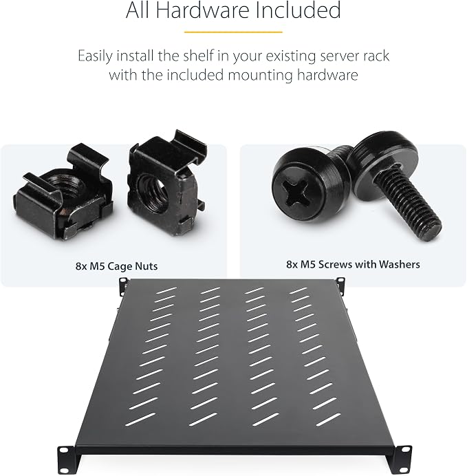 StarTech 1U 4-Post Vented Rack Shelf, 28-34.4in, 150lb (ADJSHELFV-Rack) | Adjustable depth 71.1-87.3cm, 150lb/68kg capacity, Cold-rolled steel, M5 hardware