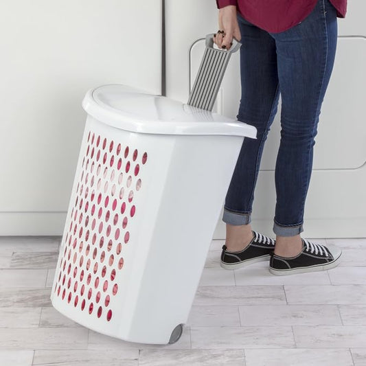 White Wheeled Plastic Laundry Hamper with Comfort Handle & Rolling Wheels, Portable Dirty Clothes Storage Bin for Bedroom Bathroom Laundry Room, Easy Transport