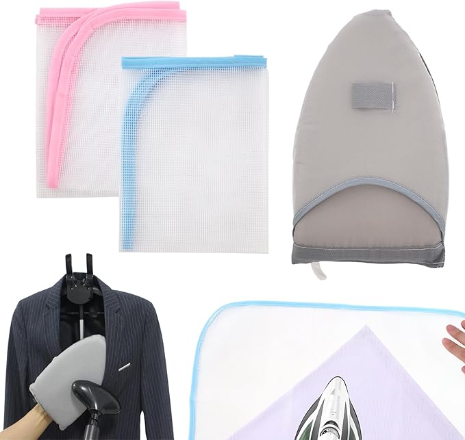 Pressing Cloth for Ironing, 4 PCS Ironing Cloth to Protect Clothes and Grey Tip Steaming Mitt, Heat Resistant Mesh Protector Can Effectively Absorb The Heat from The Iron (Pink, Blue)