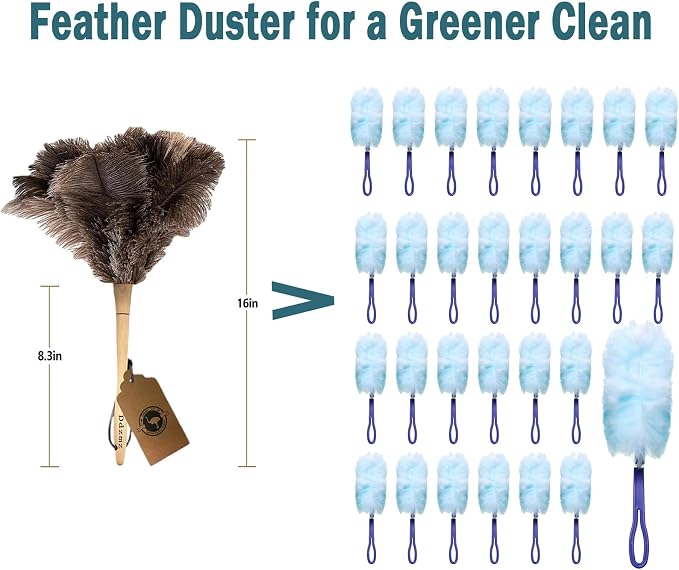 DDZMZ Ostrich Feather Duster for Cleaning with Wooden Handle,16",Brown | Genuine Natural Fluffy,Reusable and Washable,Gentle on Delicate Surfaces,for Home,Furniture,Desk