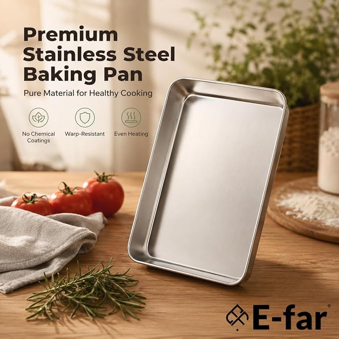 E-far Baking Pans Set of 2, 12.4” x 9.6” x 2” Stainless Steel Rectangular Cake Pans, Baking Sheet Pan for Lasagna Brownies Casseroles, Non-toxic & Healthy, Dishwasher Safe