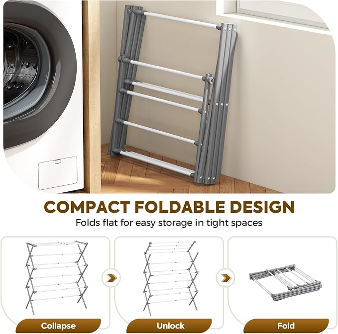 KINGBOARD 3-Tier Extendable Clothes Drying Rack, Foldable, White & Grey | 37.4"H x 33.8"W x 11.2"D, Space-Saving Collapsible, Easy Assembly, Rust-Resistant Iron Frame, Indoor Outdoor Use, 25lb