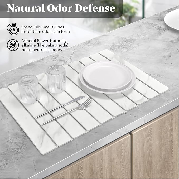 Large Stone Dish Drying Mat for Kitchen Counter, Foldable Quick Drying Dish Mats, Ultra Absorbent Diatomaceous Earth Mats for Dishes Bottles Cups, Match Any Countertop (White Marble 24"×16" & 8"x4")