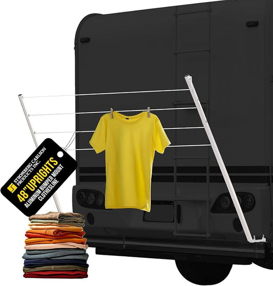 Stromberg Carlson CL-100 Bumper Mounted Clothesline - 48" aluminum foldable travel drying rack for RV Bumper, camper, and outdoor use; 84" hanging space, ideal RV clothesline and camping laundry rack. | Fits 4 in square bumpers, 84 in hanging space, ba...
