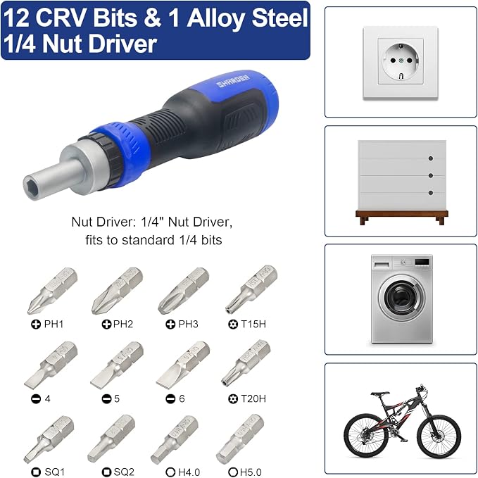 13-in-1 Ratcheting Screwdriver, Multi Bit Ratchet Screw Driver | All in One, Torx Security, Phillips, Flat Head, Hex, Square, 1/4 Nut Driver, Outdoor, Handle, Daily Repair Portable Tools