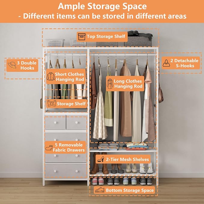 Auromie Clothes Rack with 5 Drawers & 4 Storage Shelves, 59.1W*70.9H Heavy Duty Clothing Rack with 2 Hanging Rods, Wardrobe Closet Organizer System with 5 Hooks, Freestanding Garment Rack (White)