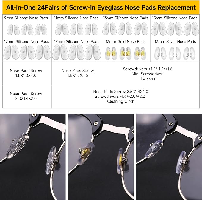 Eyeglass Nose Pads, 24 Pairs of Screw-in Glasses Nose Pads, Upgraded Magnetic Eyeglass Repair Kit with Precision Precision Screwdriver Set, Screws, Tweezer for Travel, Birthday Gift, Christmas