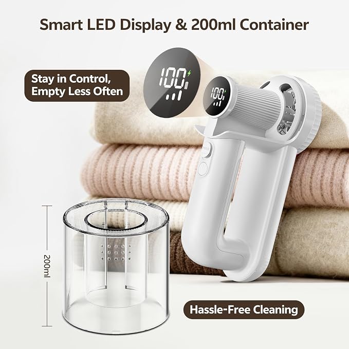 Rechargeable Fabric Shaver, 2-in-1 Lint Remover with 6-Blade | For sweaters, blankets, coats and cloth upholstery, with 200ml container, LED display, USB-C charging and 3 speeds