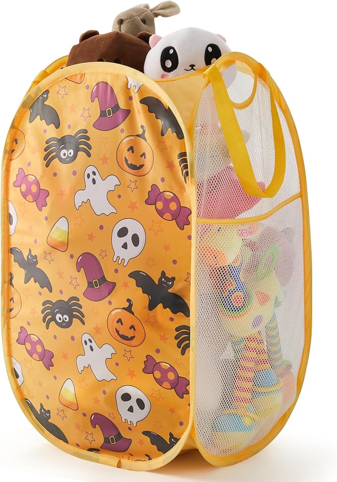 TECHMILLY Collapsible Mesh Pop Up Laundry Hamper with Sturdy Handles and Side Pocket - Portable Foldable Clothes Baskets for Dorm, Bathroom & Travel Storage (Halloween)