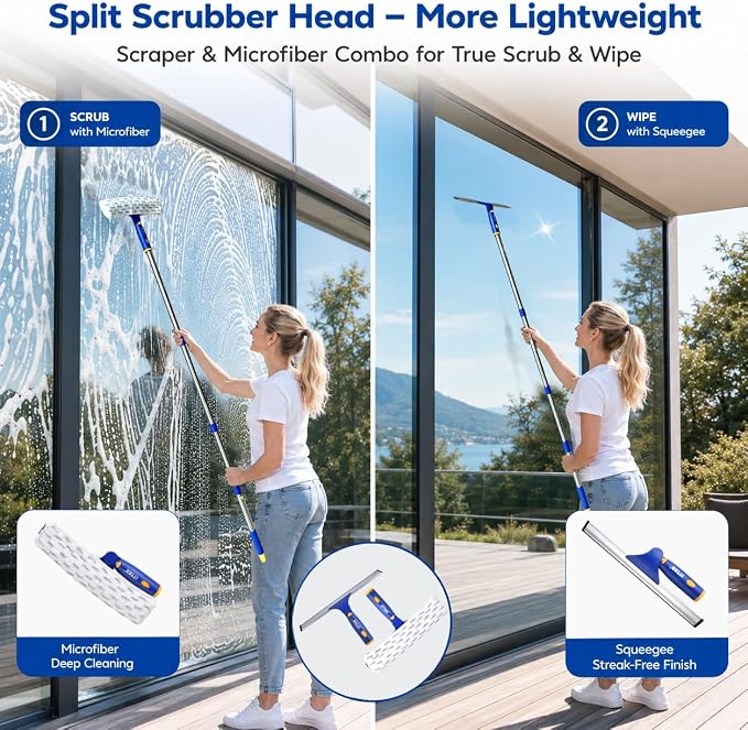 ITTAR Window Squeegee with 2 Sets Separate Pole, 12" Rubber Squeegee and 11" Microfiber Pads, 60"-73.6" Telescopic Window Cleaning Kit with Rotating Head for High Windows, Shower Glass, Car Windshield