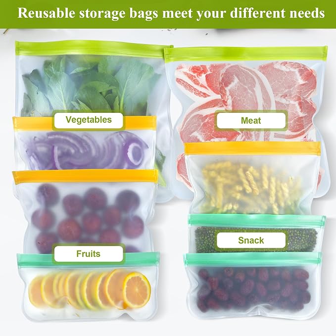 8 Pack Silicone Bags Reusable Storage Silicone Bags-3 Reusable Gallon Freezer 3 Sandwich 2 Snack Bags, Leakproof Food Storage Containers for Home Work