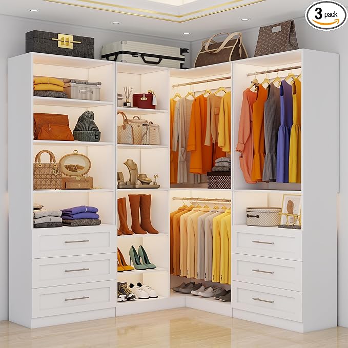 Closet System with 3 Sets, 6.5-16FT Corner Closet Organizer System with 6 Drawers & 11 Shelves & 6 Hanging Rods, Custom L-Shaped Modular Walk-in Closet Organizers and Storage System Corner, White
