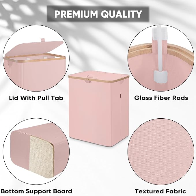 BALEINE Laundry Hamper with Lid, Tall Laundry Baskets with Bamboo Pull Handles, Large Laundry Bin with Internal Support (36 Gal/140L, Pink)