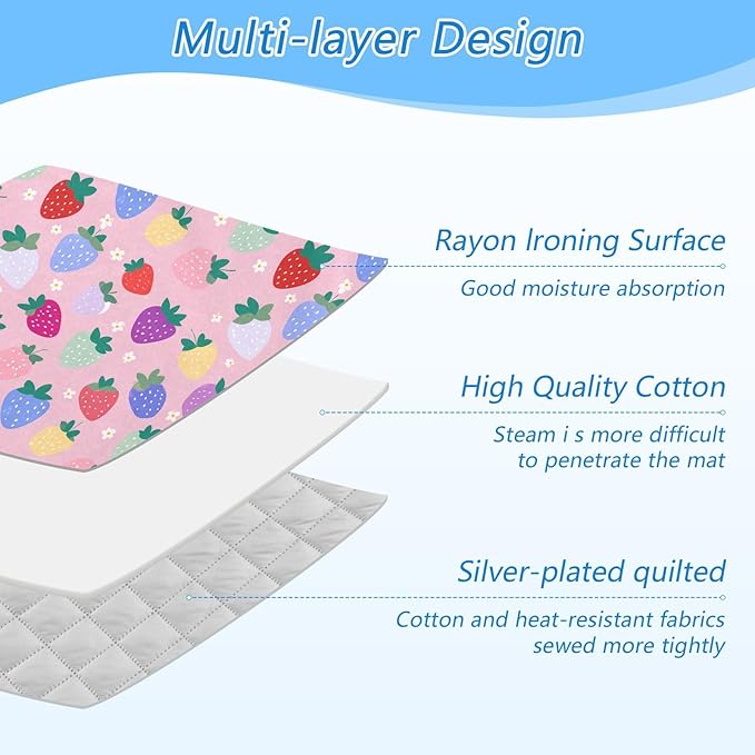 Ironing Mat Portable Ironing Pad Blanket with Silicone Iron Rest for Table Top Travel Heat Resistant Double-Side Using Large 47x28 Inch Foldable Summer Strawberries Daisy