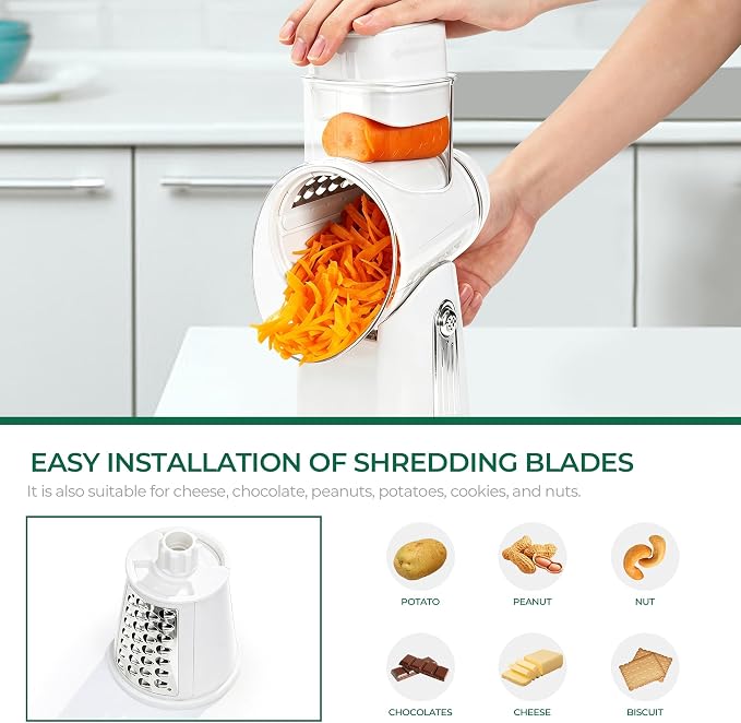 SUSTEAS Rotary Cheese Grater with Handle - Vegetable Shredder with 5 Well-designed Blades & Strong Suction Base,Round Mandoline Slicer & Food Chopper for Kitchen,with Blade Storage Box(White)