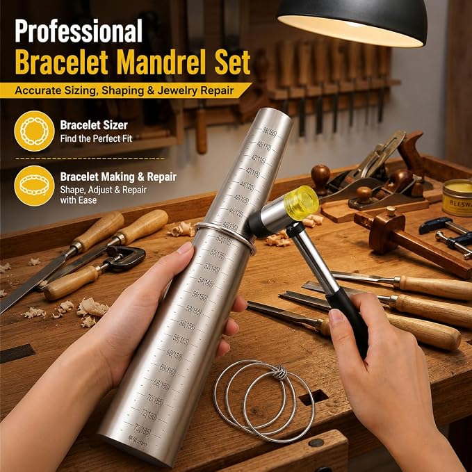 Ring Sizer Measuring Kit with Metal Ring Mandrel, Bracelet Sizer Mandrel & Rubber Mallet Hammer, Steel Jewelry Making Tools for Ring Sizing, Resizing, Repair and Bracelet Forming(12-Bracelet Sizer)