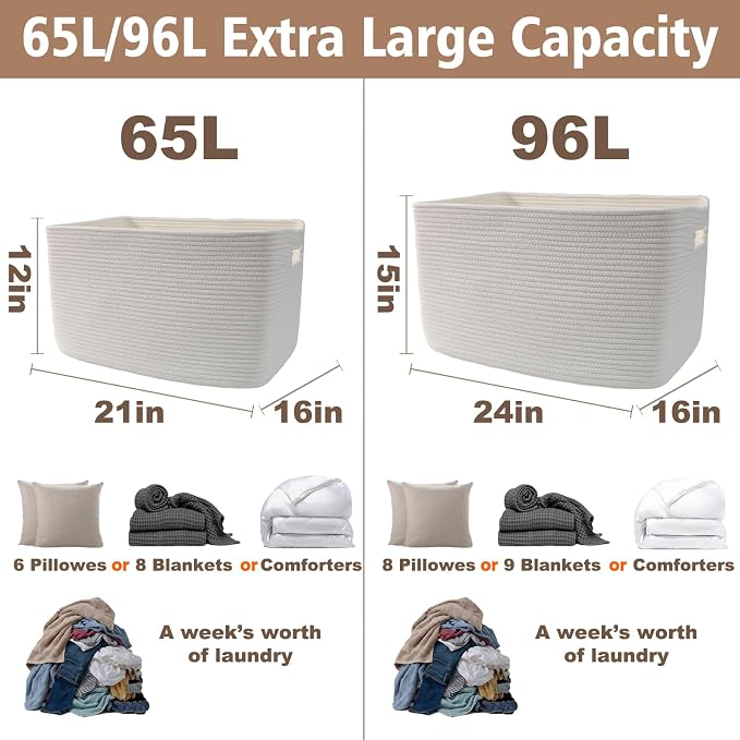 JMvicyroam 96L Large Woven Cotton Rope Blanket Basket, White | Blanket storage for living room or bedroom use, Freestanding with reinforced handles, Entire basket is machine washable