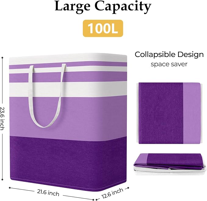 StorageRight Laundry Basket Hamper, 100L Collapsible Clothes Storage, Purple
