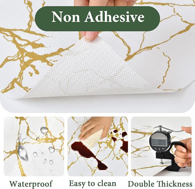 Drawer and Shelf Liner for Kitchen Cabinet Non Slip Waterproof | Shelf Paper 17 in X 30 Ft Non Adhesive Refrigerator Liners Gold White Marble Easy Liners for Bathroom Cupboard