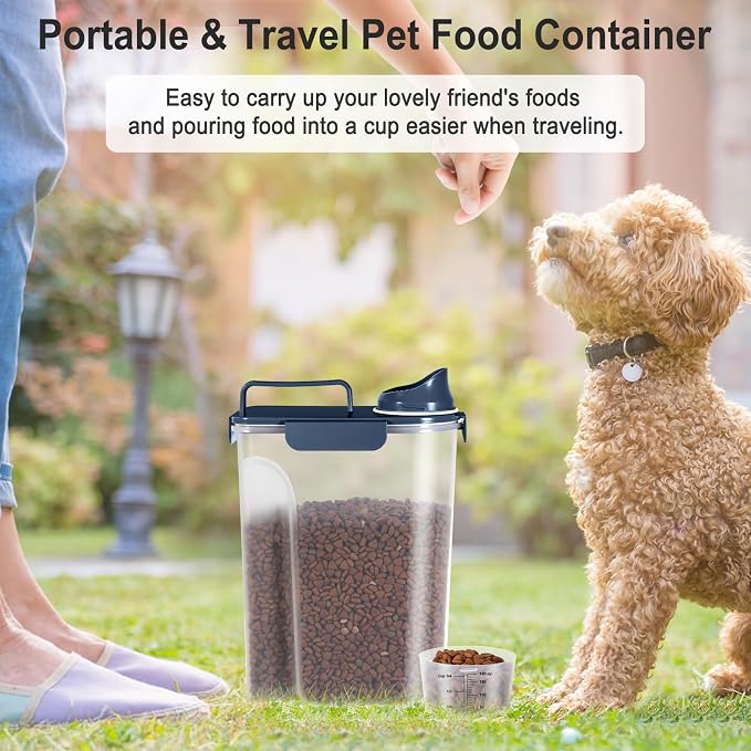 Dog Cat Food Storage Container, Pet Food Pourable Container Airtight with Large Spout & Cup, BPA-Free Plastic Food Dispenser for Pet Food, Bird Seed, Rice, Flour (Ink Blue, 5L)
