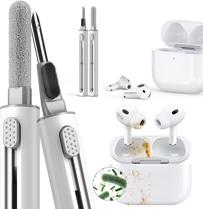 Inesore Multi Cleaning Kit for AirPods & All Bluetooth Earbuds (White) | Metal Tip, High-Density Soft Brush, Flocked Sponge Tip, 3 in 1 Design, Compact & Lightweight, Easy Operation, Easy to Carry