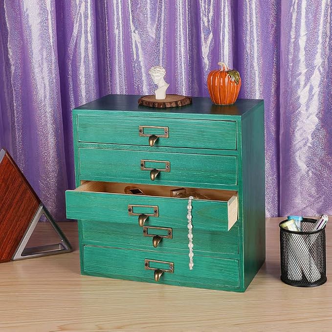 GoooodGIFT Wooden Drawers Small Wooden Box with Drawer, Green | 5 Drawer Wood Storage Box , Vintage Desktop Organizer with Drawers, Desk Organizers for Library Card Catalog Cabinet