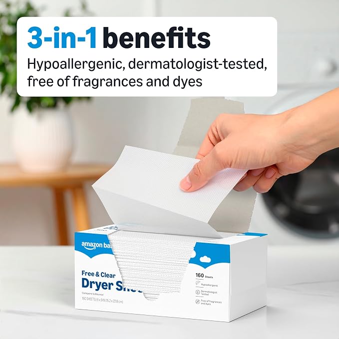 Amazon Basics Dryer Sheets Laundry Fabric Softener, Free & Clear, Hypoallergenic, Free of Fragrances, Softening Agent, Dermatologist Tested, 160 Count