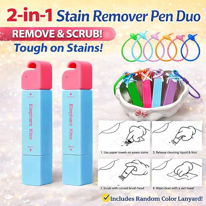 Gieleph Stain Remover, 3-Second Stain Remover Pen for Clothes, 12ml On-the-Go Spot Cleaner, Double Head Instant Treater Sticks With Lanyard, Travel & Pocket-Sized (2, Blue 12ml)