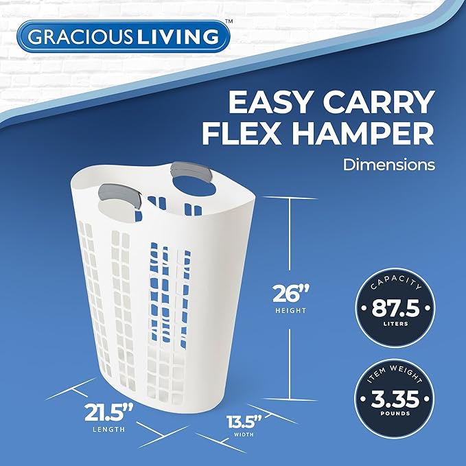 Gracious Living Laundry Basket, Easy Carry Flex Collapsible Hamper, 87.5L | Large Plastic Clothes Storage Organizer for Home, Bathroom, and Bedroom, White