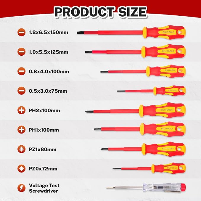 BILITOOLS 9-Piece 1000V Insulated Screwdriver Set with Magnetic Tips | VDE and GS Certified, Magnetic Slotted, Phillips and Pozidriv Tips, Includes Voltage Tester, Iusulated Tools for Electrician