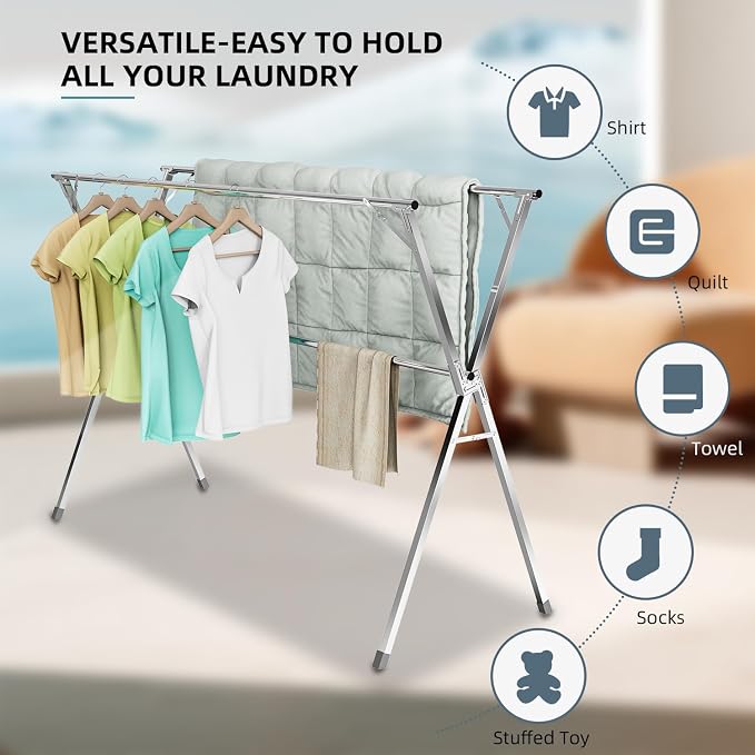79" Clothes Drying Rack,Laundry Drying Rack Clothing for Indoor Outdoor | Adjustable Heavy Duty Stainless Steel Drying Rack, Foldable Portable Large Clothes Rack Garment Rack with 20 Windproof Hooks
