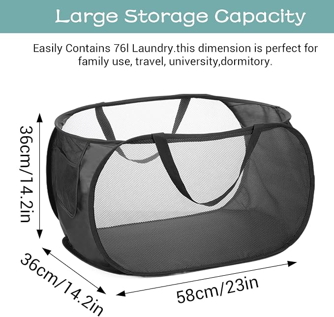 4 Pcs Popup Mesh Laundry Basket, Laundry Hamper with Side Pocket | Foldable, Heavy Duty, Storage Basket with Durable Handles for Bathroom, Travel, Dorm