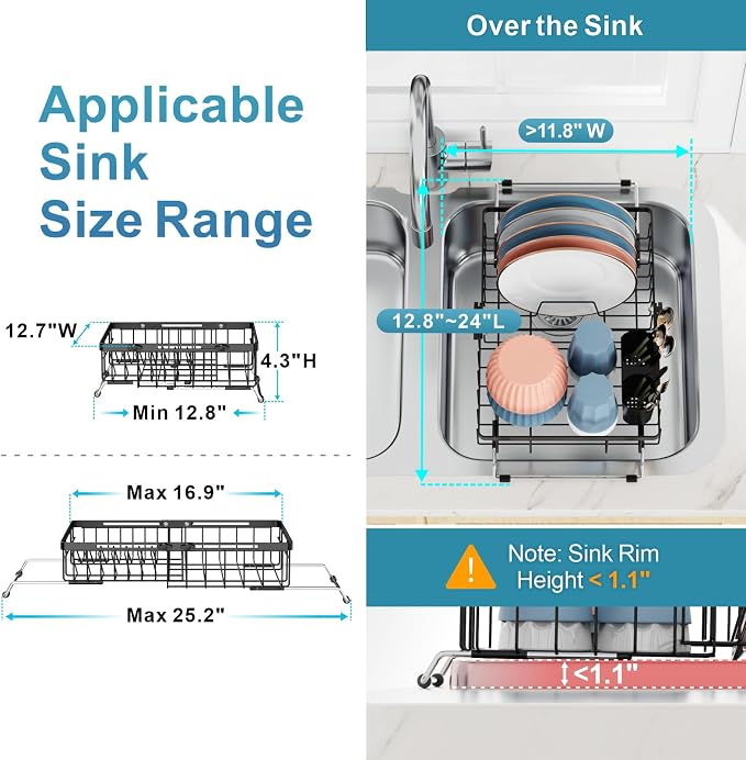 iSPECLE Over Sink Dish Drying Rack - Expandable Drainer for Kitchen, 12.7"W | Rust Resistant, Locking Knob Stability, for Small Kitchen, RV, Plates, Cups, Utensils, Black