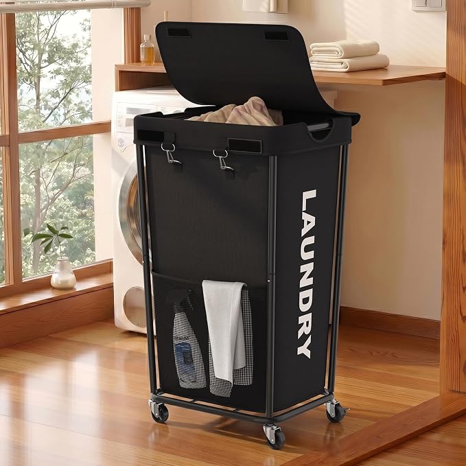 Laundry Hamper with Wheels and Lid, 110L Large Rolling Laundry Basket White | Heavy Duty Clothes Organizer, Sturdy Metal Frame, Lockable Swivel Casters, Removable Bag, For Bedroom, Bathroom, Laundry Room