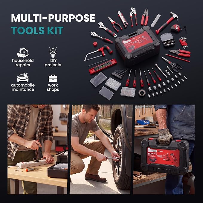 OLIXIS 330 Piece Home Repair Tool Kit with Pull-Out Drawer, Carbon & Cr-V Steel Tool Box, Complete Homeowners Repair Kit for DIY & Auto Maintenance for Home, Black-Red
